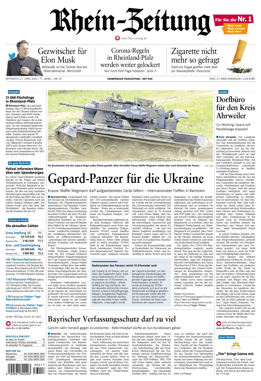 Rhein-Zeitung Kreis Ahrweiler vom Mittwoch, 27.04.2022