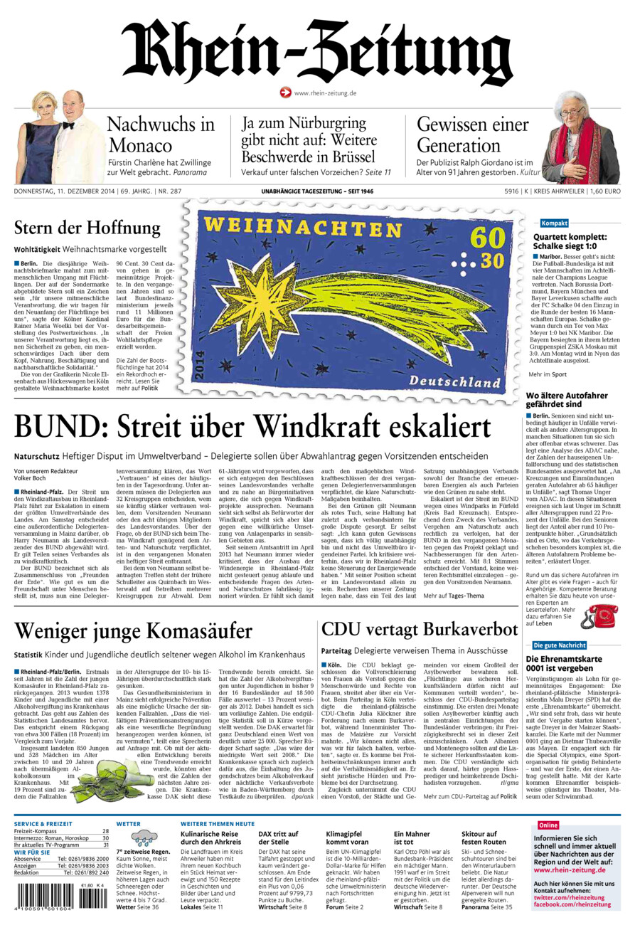Rhein-Zeitung Kreis Ahrweiler vom Donnerstag, 11.12.2014
