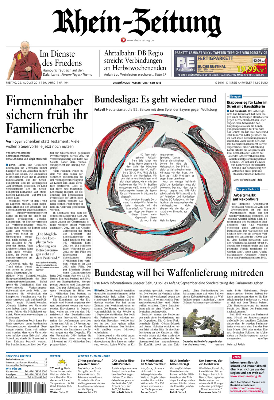 Rhein-Zeitung Kreis Ahrweiler vom Freitag, 22.08.2014