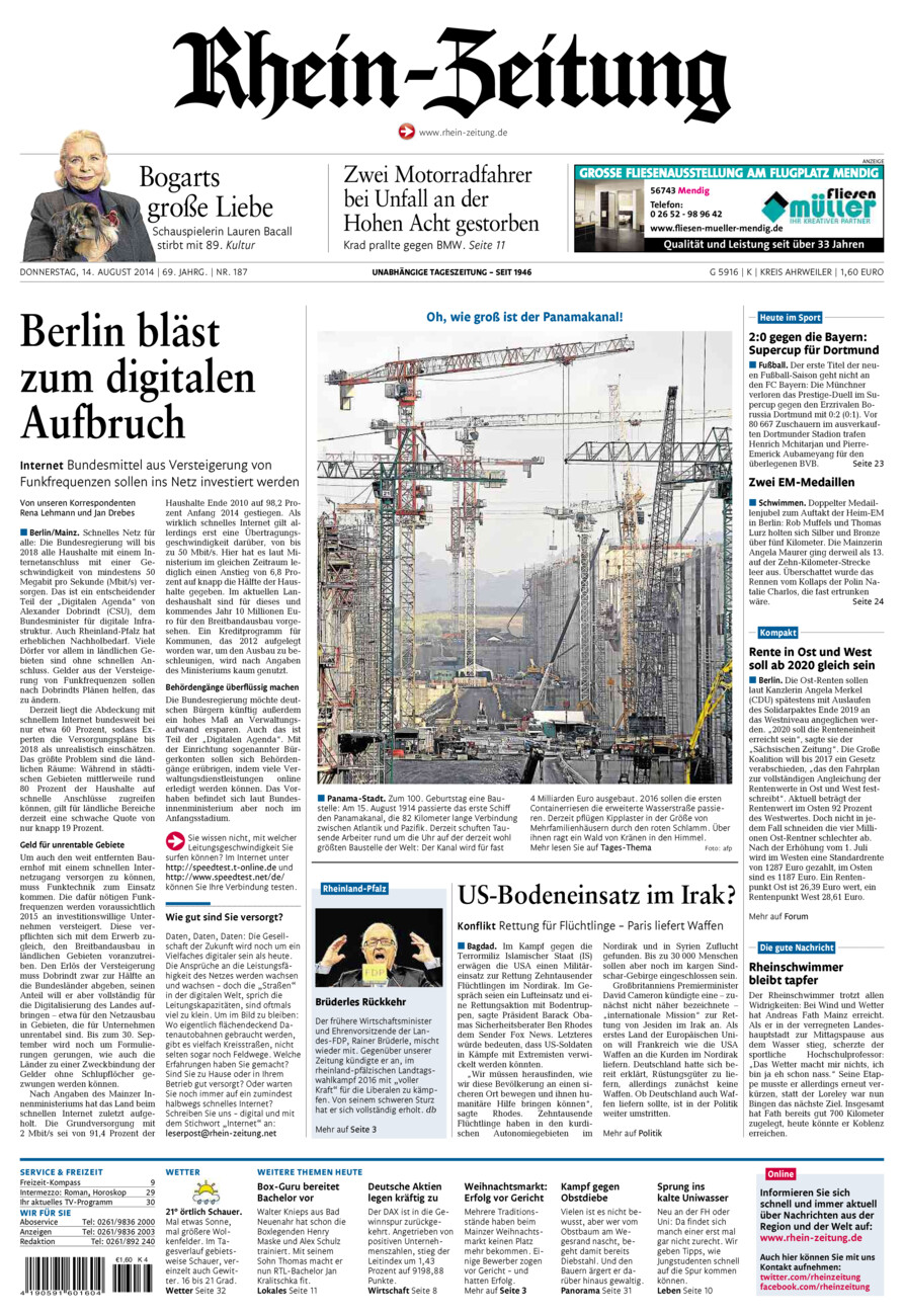 Rhein-Zeitung Kreis Ahrweiler vom Donnerstag, 14.08.2014