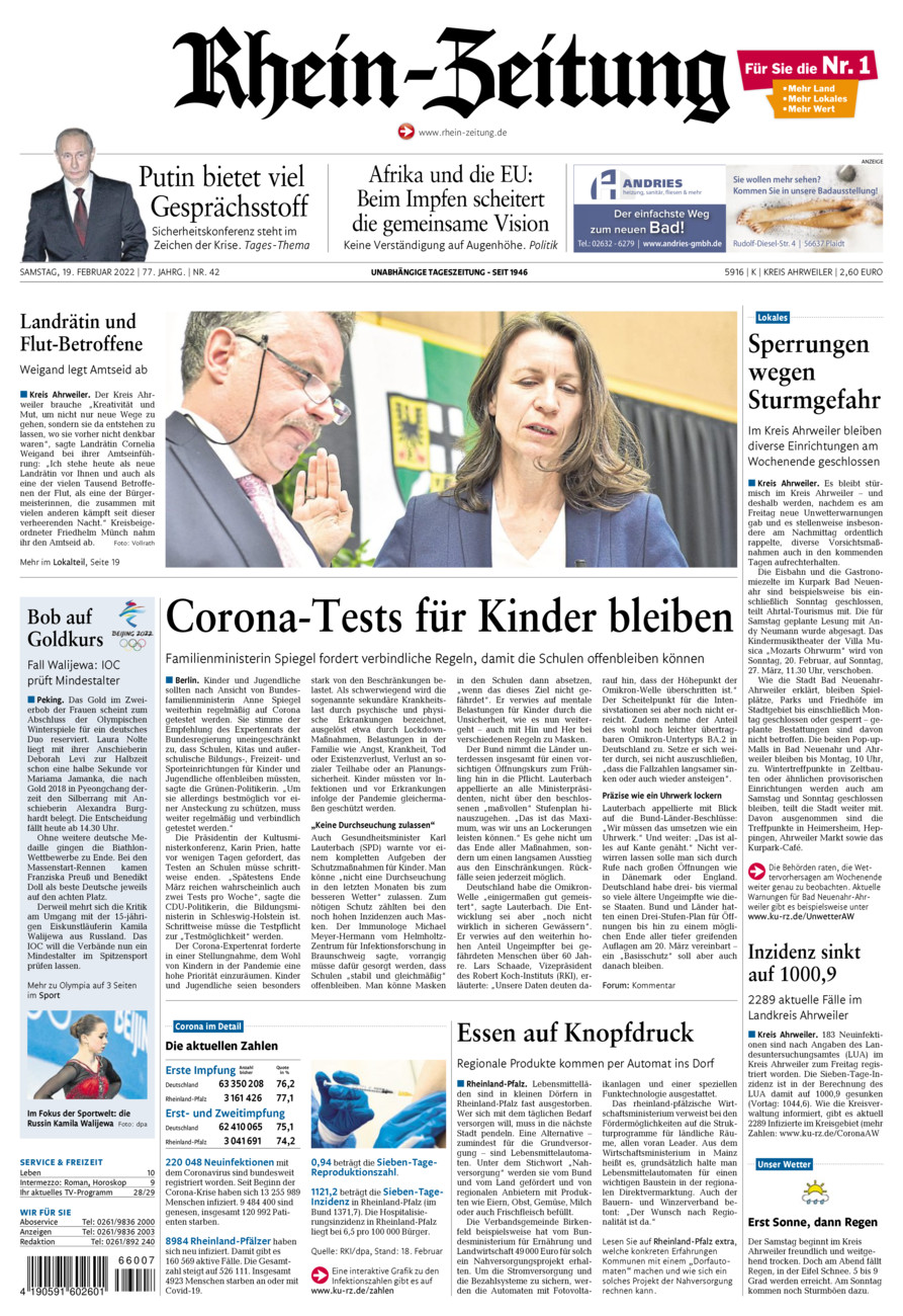 Rhein-Zeitung Kreis Ahrweiler vom Samstag, 19.02.2022