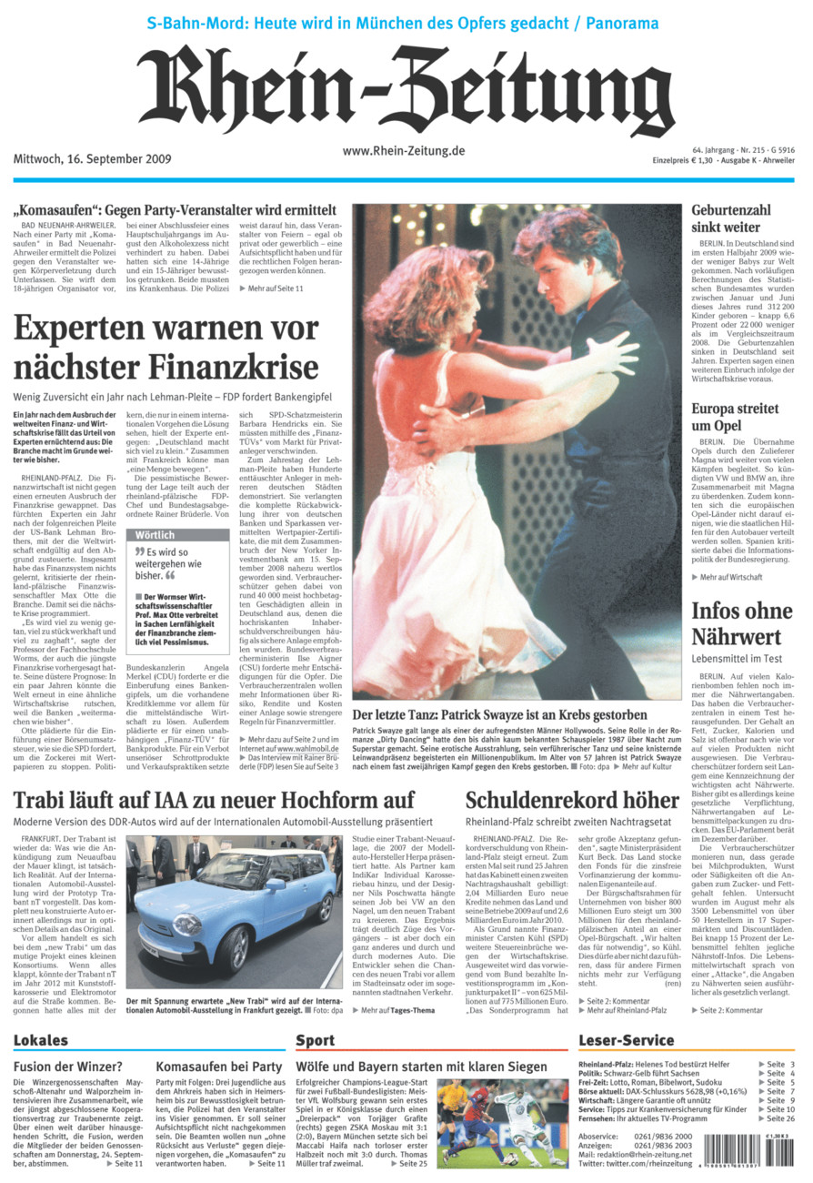 Rhein-Zeitung Kreis Ahrweiler vom Mittwoch, 16.09.2009