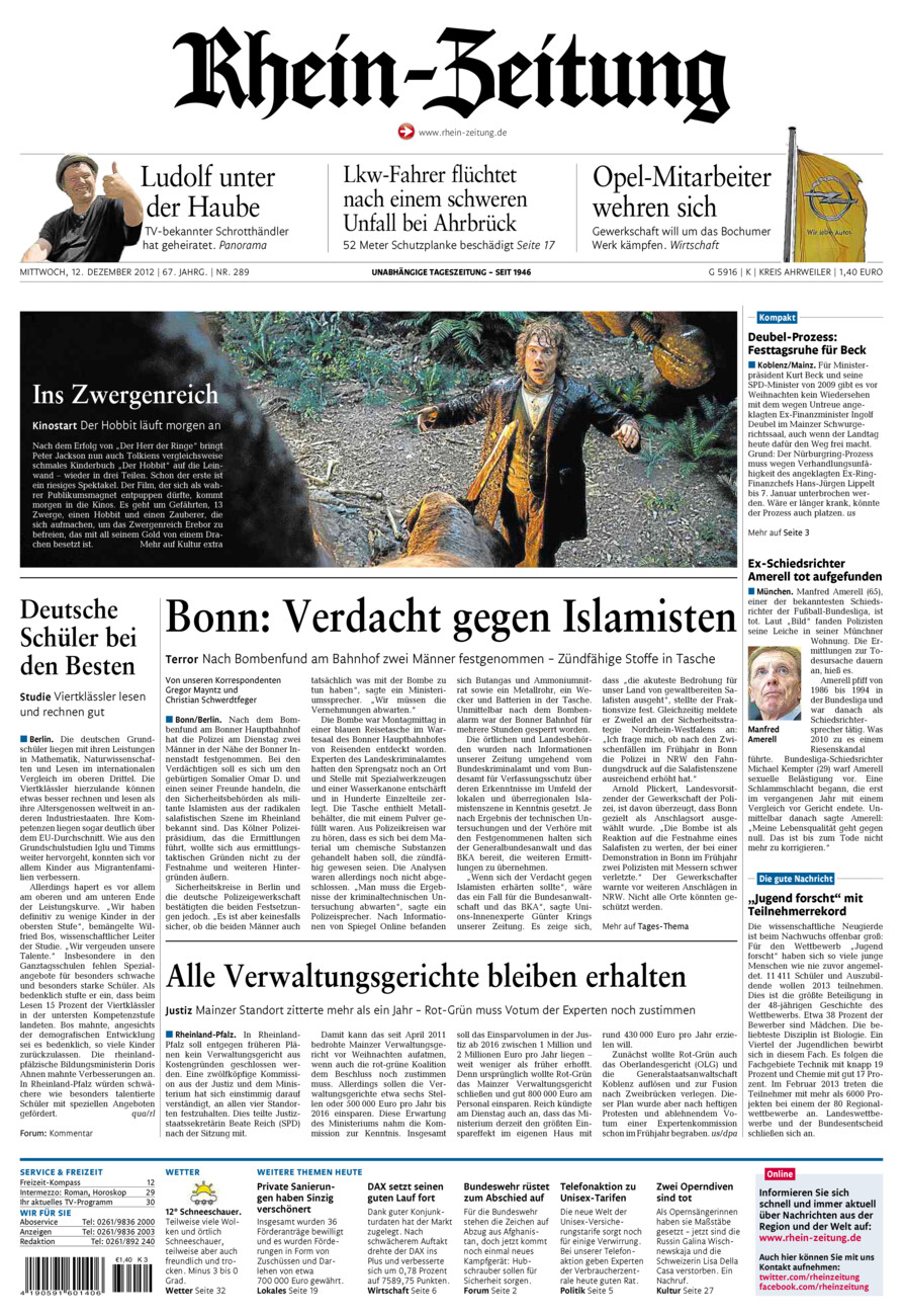 Rhein-Zeitung Kreis Ahrweiler vom Mittwoch, 12.12.2012