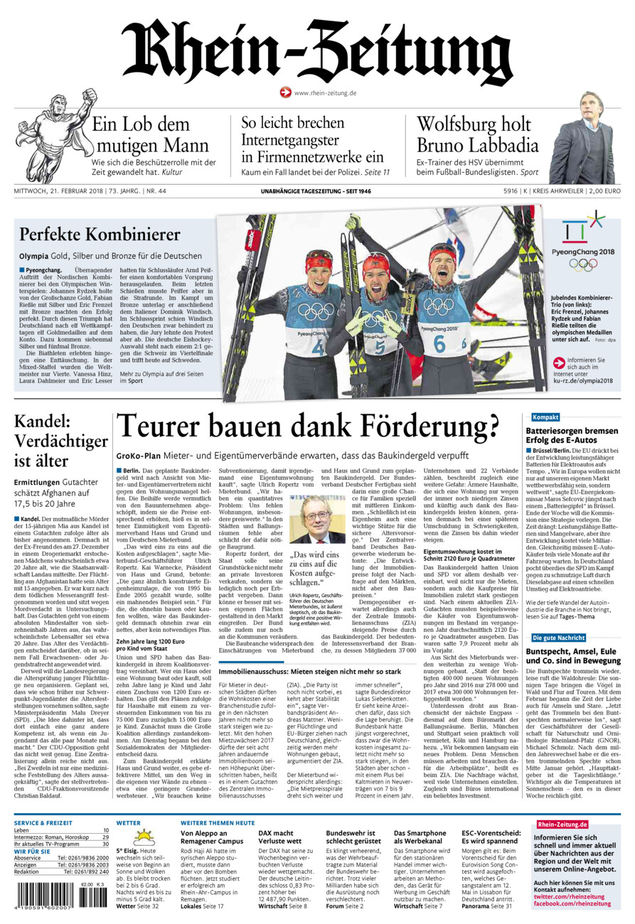 Rhein-Zeitung Kreis Ahrweiler vom Mittwoch, 21.02.2018