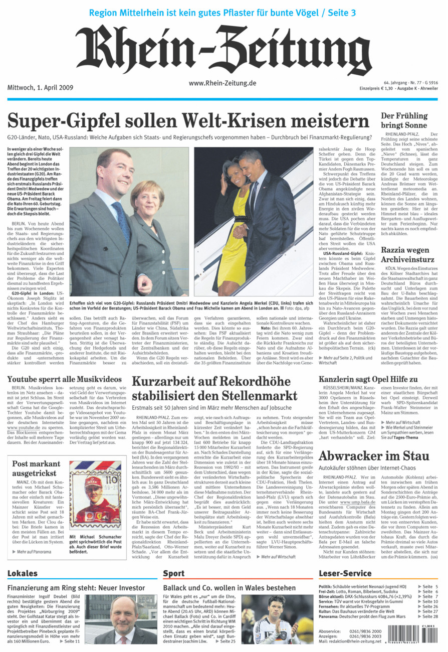 Rhein-Zeitung Kreis Ahrweiler vom Mittwoch, 01.04.2009