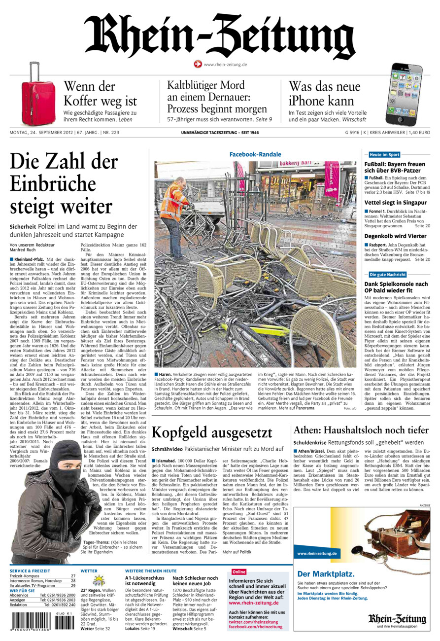 Rhein-Zeitung Kreis Ahrweiler vom Montag, 24.09.2012
