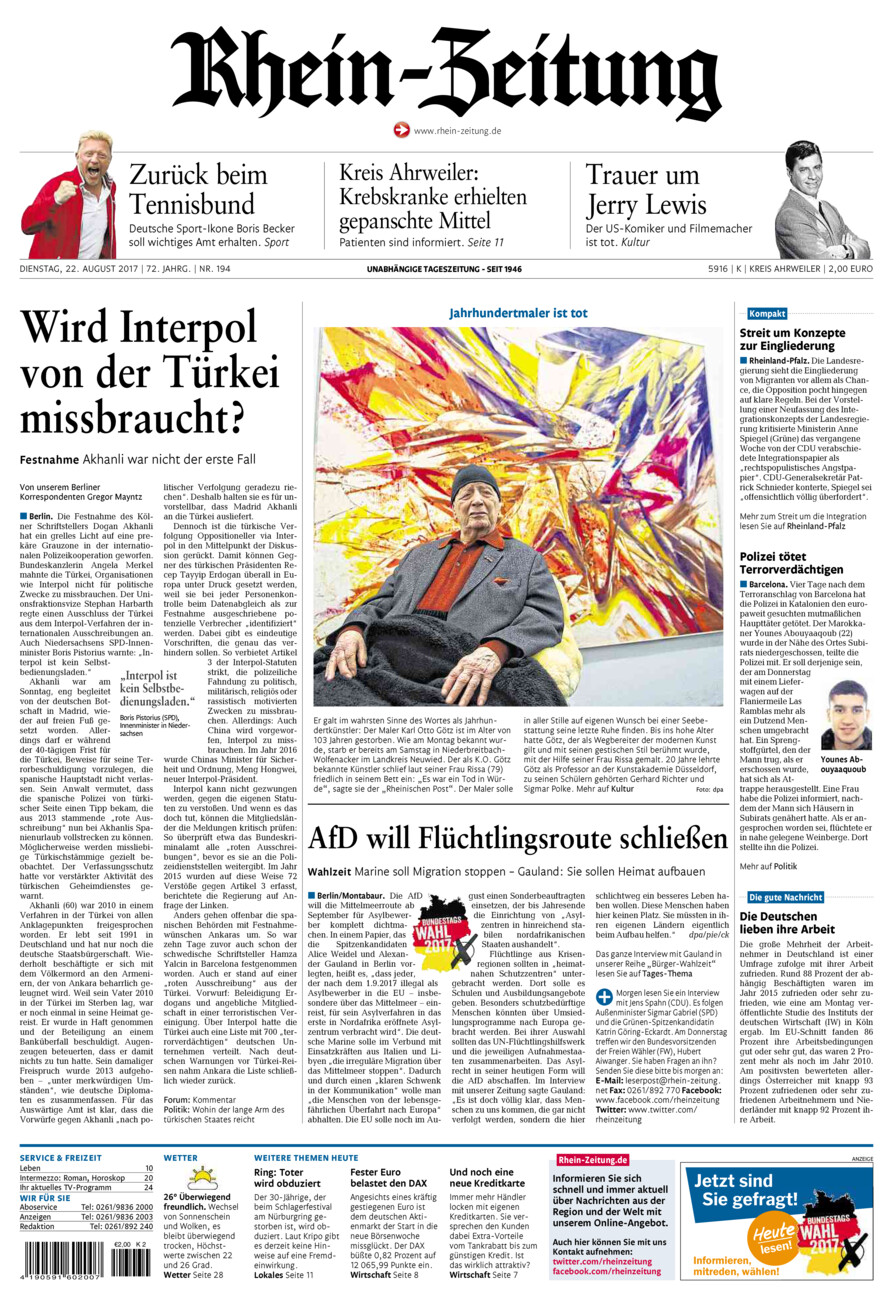 Rhein-Zeitung Kreis Ahrweiler vom Dienstag, 22.08.2017