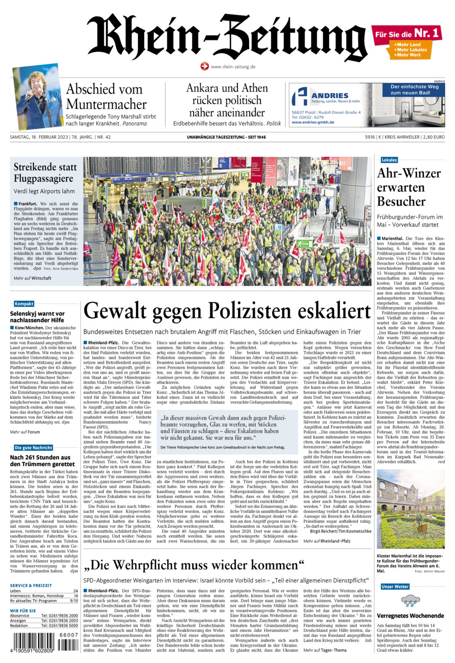 Rhein-Zeitung Kreis Ahrweiler vom Samstag, 18.02.2023