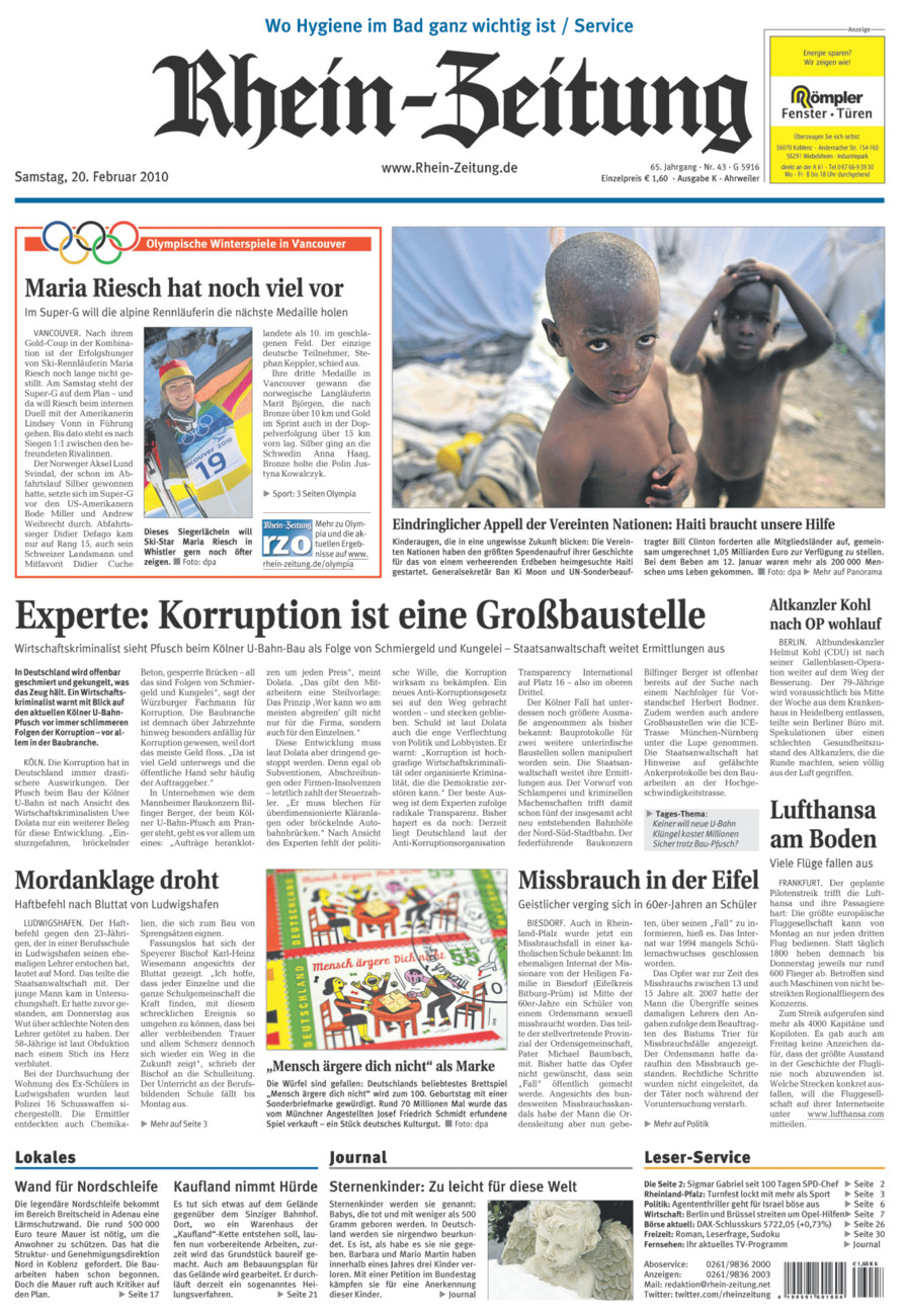 Rhein-Zeitung Kreis Ahrweiler vom Samstag, 20.02.2010