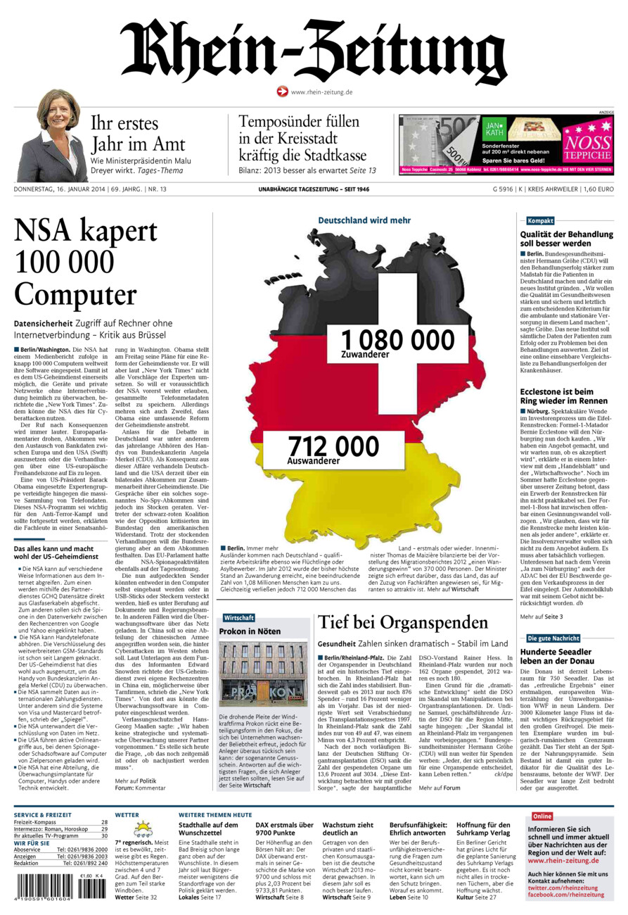 Rhein-Zeitung Kreis Ahrweiler vom Donnerstag, 16.01.2014