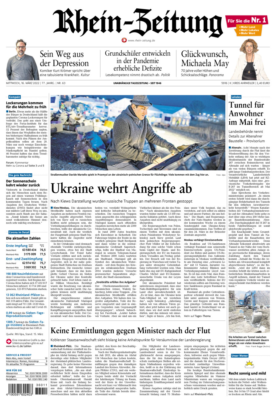 Rhein-Zeitung Kreis Ahrweiler vom Mittwoch, 16.03.2022