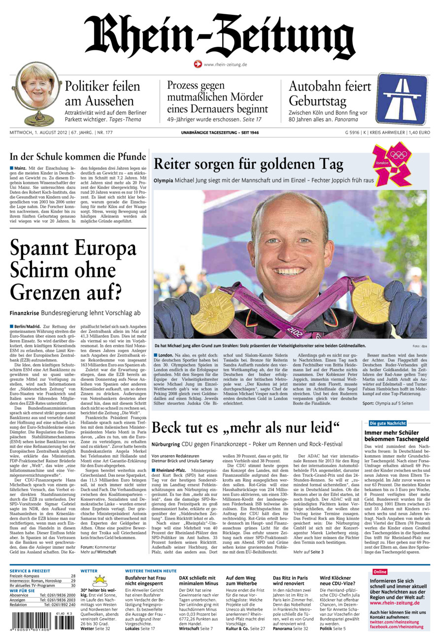 Rhein-Zeitung Kreis Ahrweiler vom Mittwoch, 01.08.2012