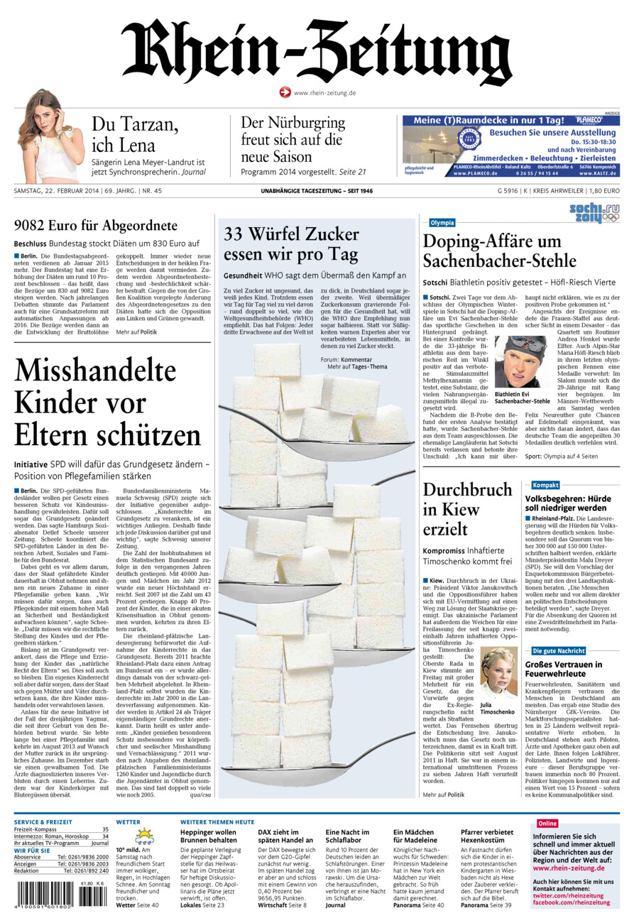 Rhein-Zeitung Kreis Ahrweiler vom Samstag, 22.02.2014