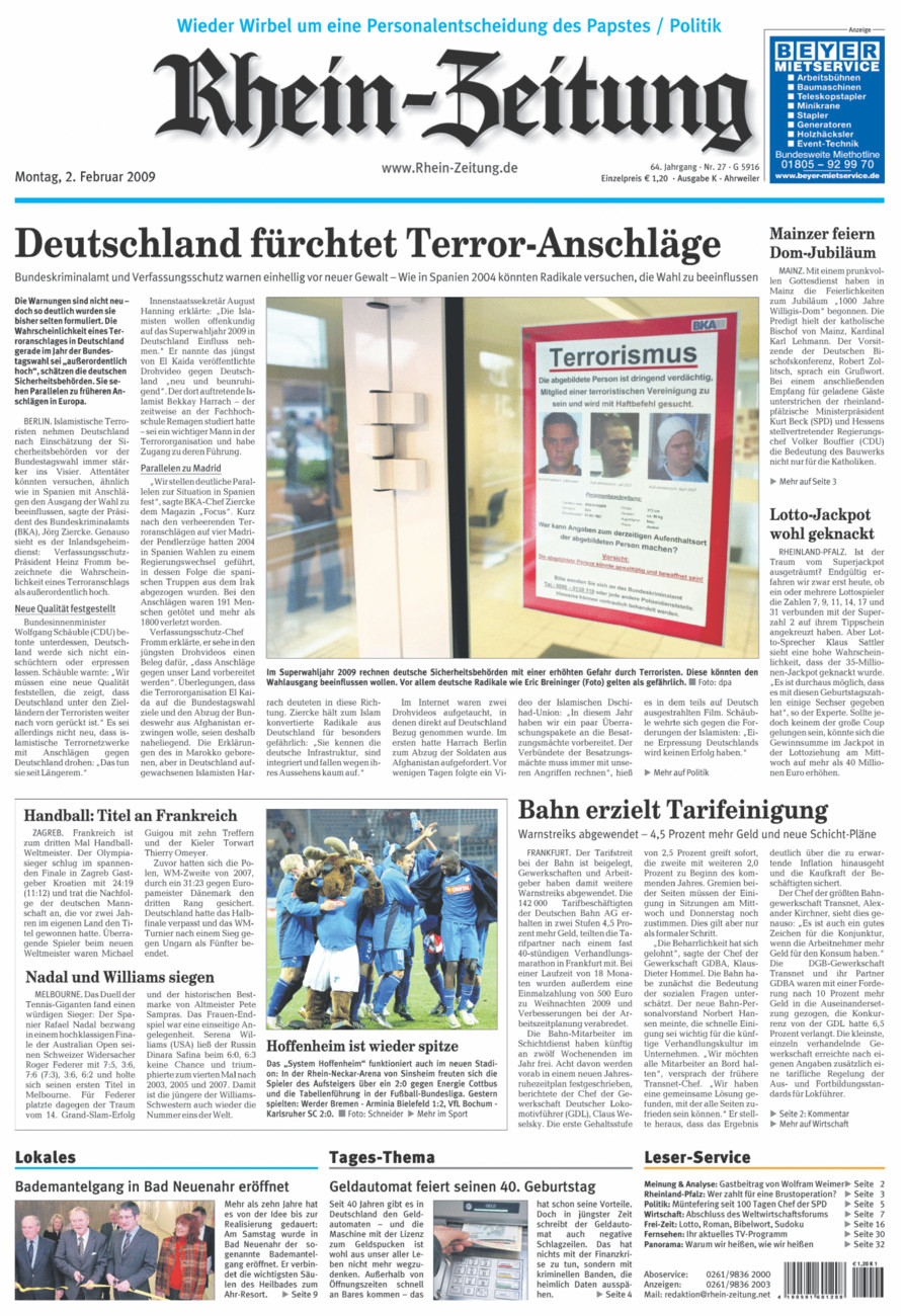 Rhein-Zeitung Kreis Ahrweiler vom Montag, 02.02.2009