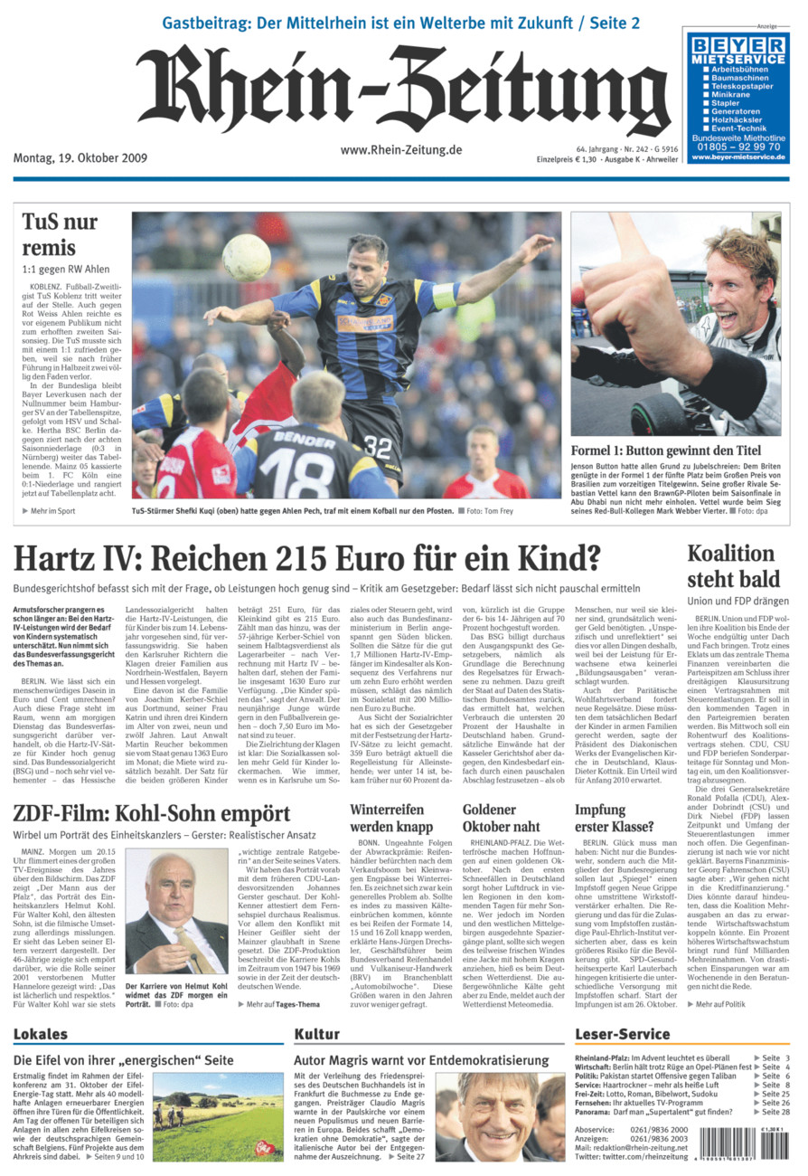 Rhein-Zeitung Kreis Ahrweiler vom Montag, 19.10.2009