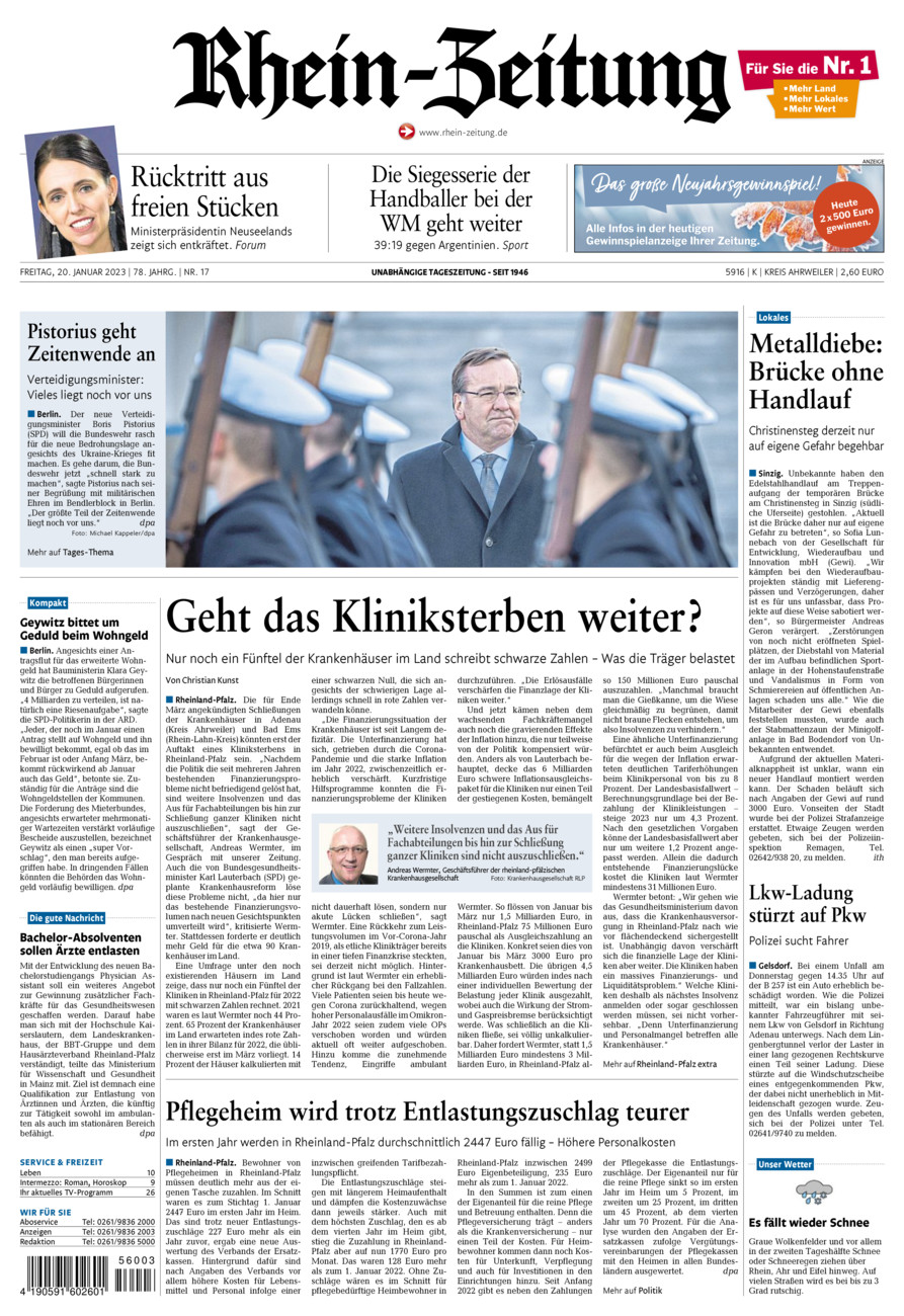 Rhein-Zeitung Kreis Ahrweiler vom Freitag, 20.01.2023