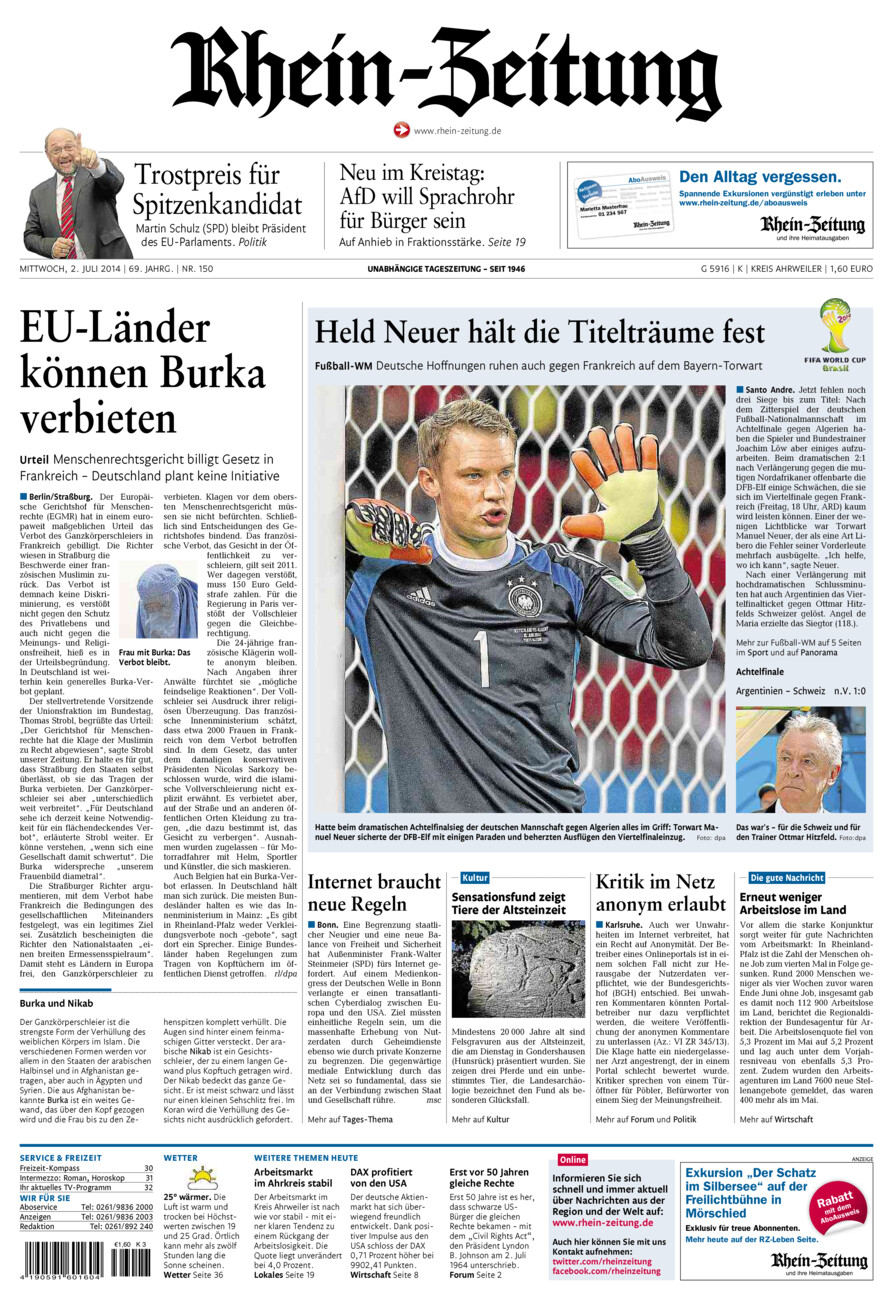 Rhein-Zeitung Kreis Ahrweiler vom Mittwoch, 02.07.2014
