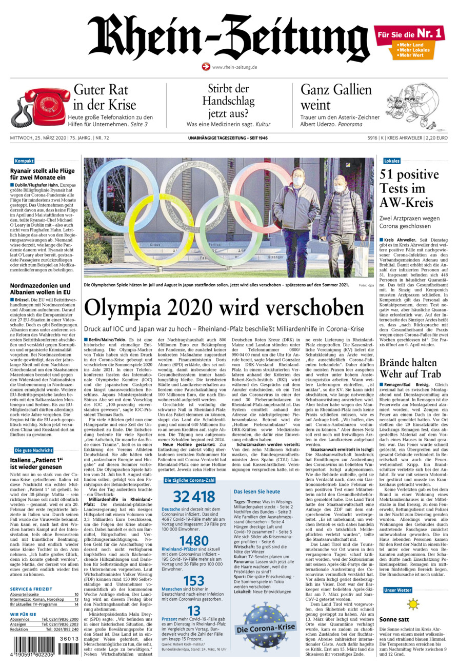 Rhein-Zeitung Kreis Ahrweiler vom Mittwoch, 25.03.2020