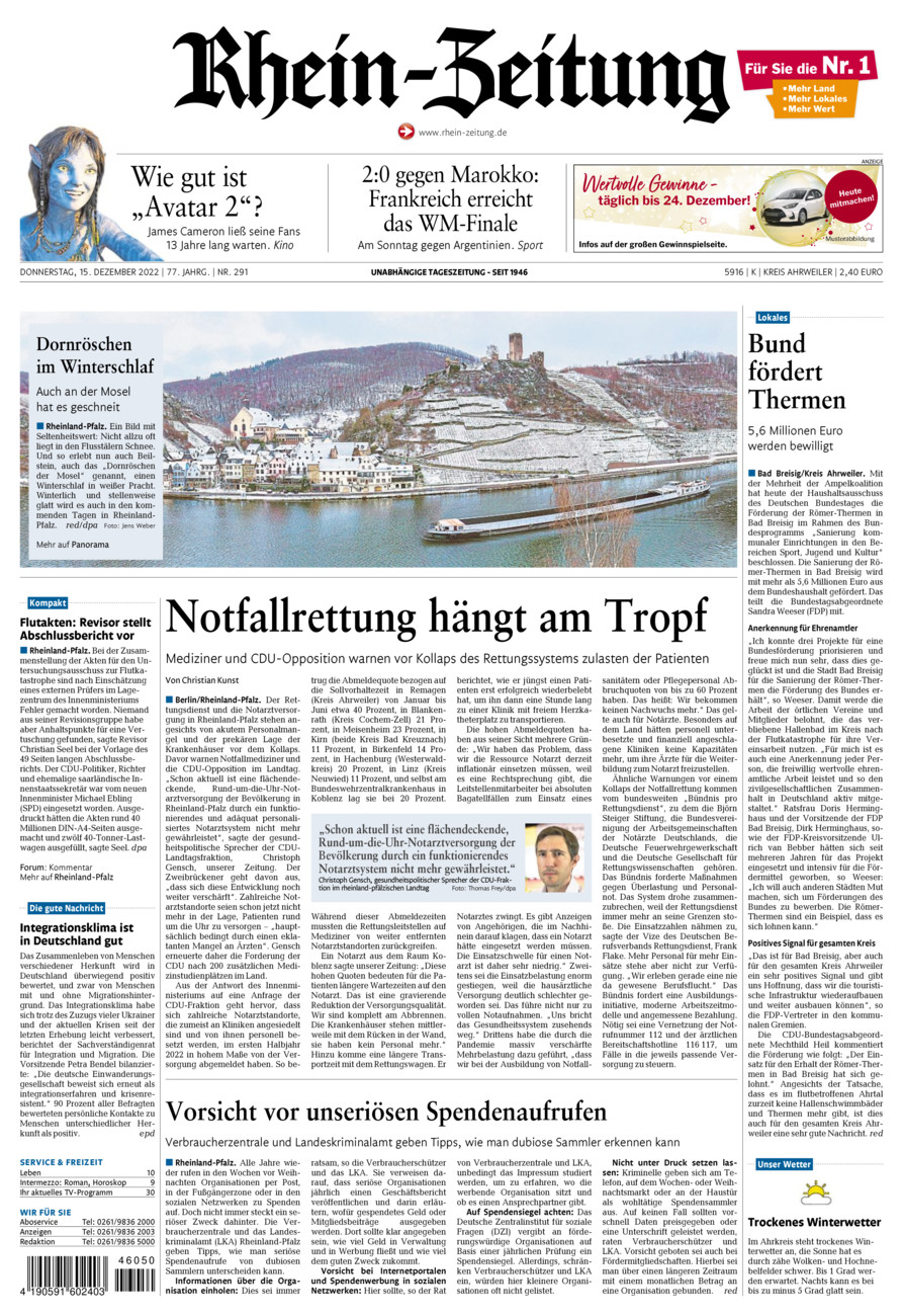 Rhein-Zeitung Kreis Ahrweiler vom Donnerstag, 15.12.2022