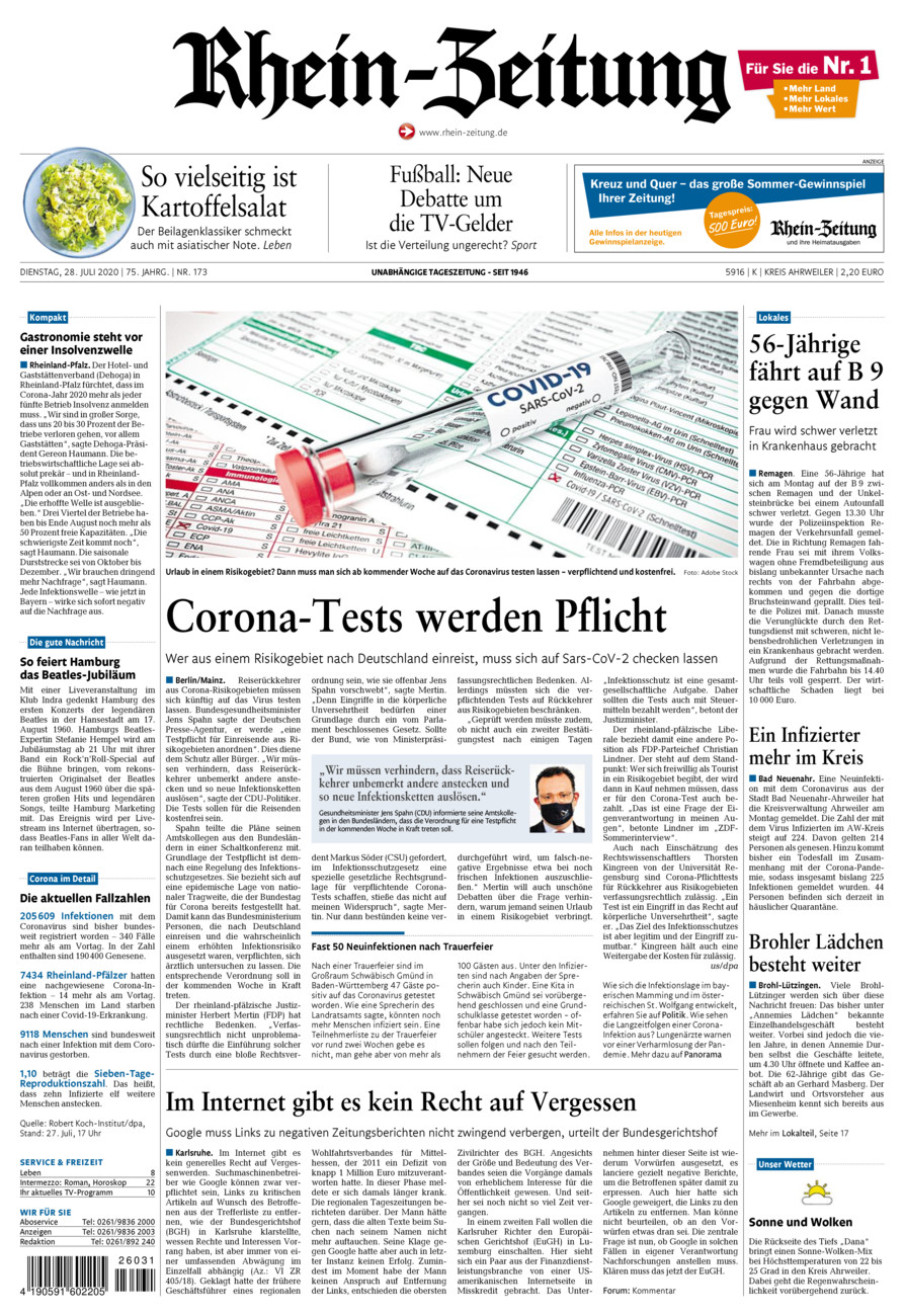 Rhein-Zeitung Kreis Ahrweiler vom Dienstag, 28.07.2020