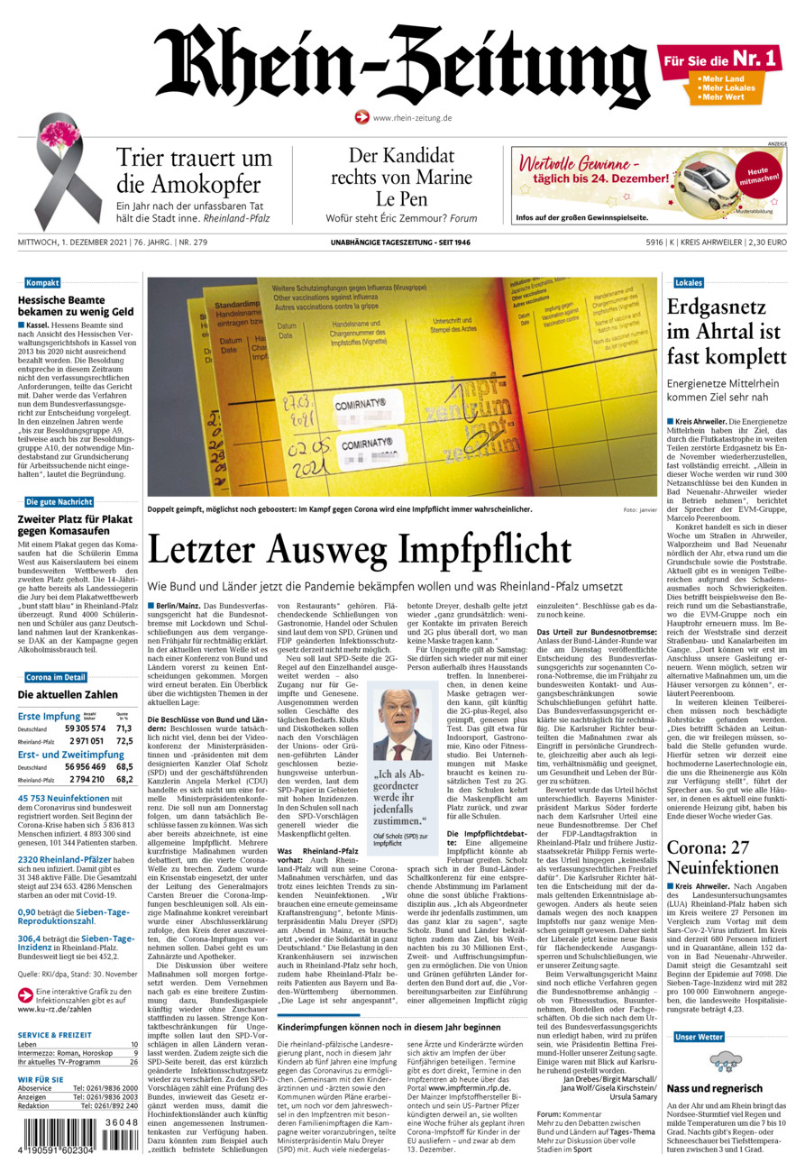 Rhein-Zeitung Kreis Ahrweiler vom Mittwoch, 01.12.2021