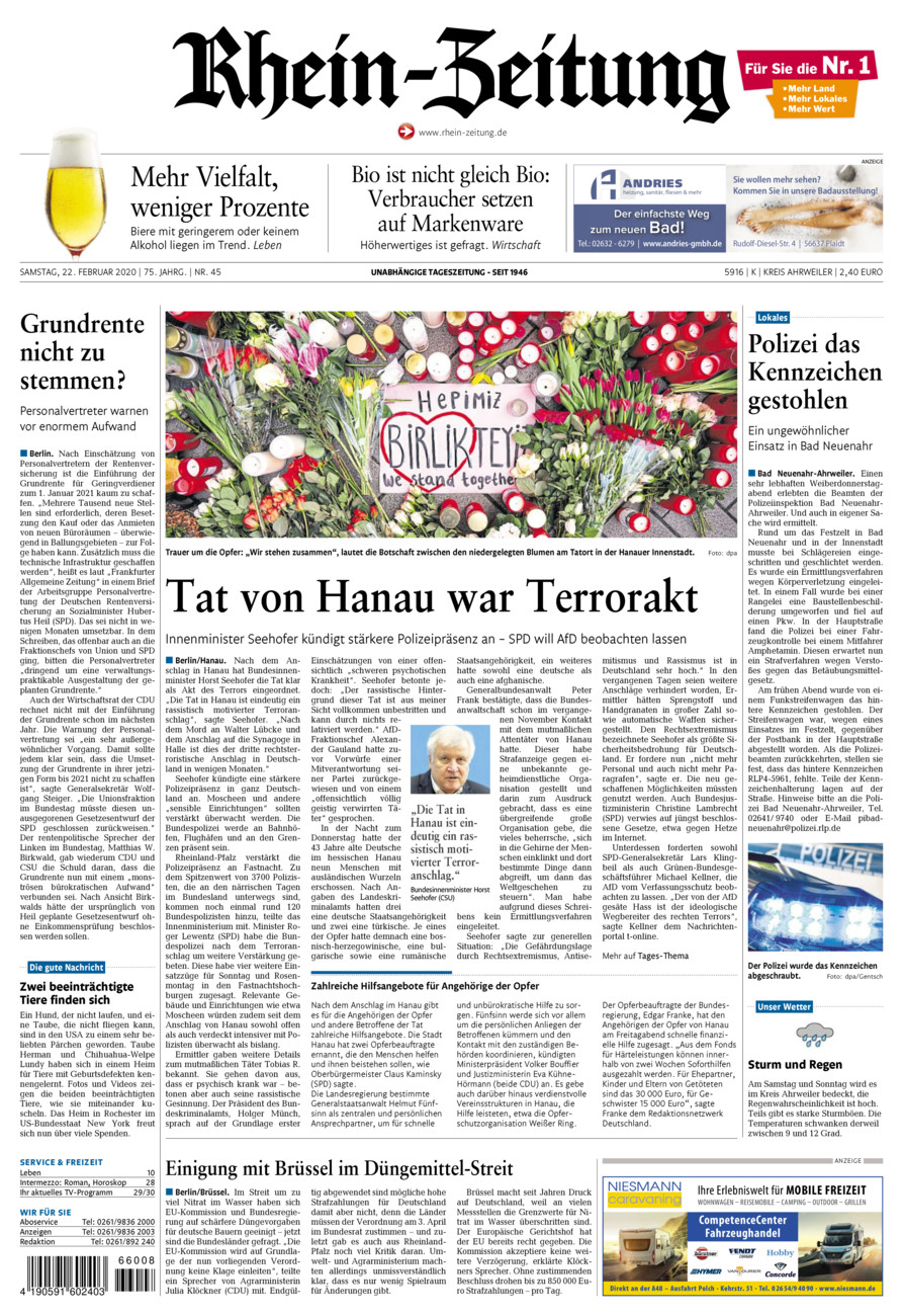 Rhein-Zeitung Kreis Ahrweiler vom Samstag, 22.02.2020