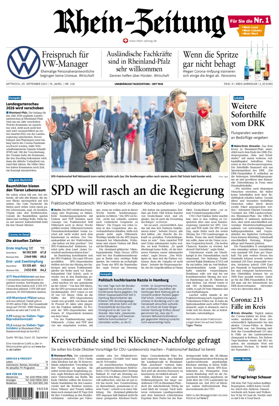 Rhein-Zeitung Kreis Ahrweiler vom Mittwoch, 29.09.2021