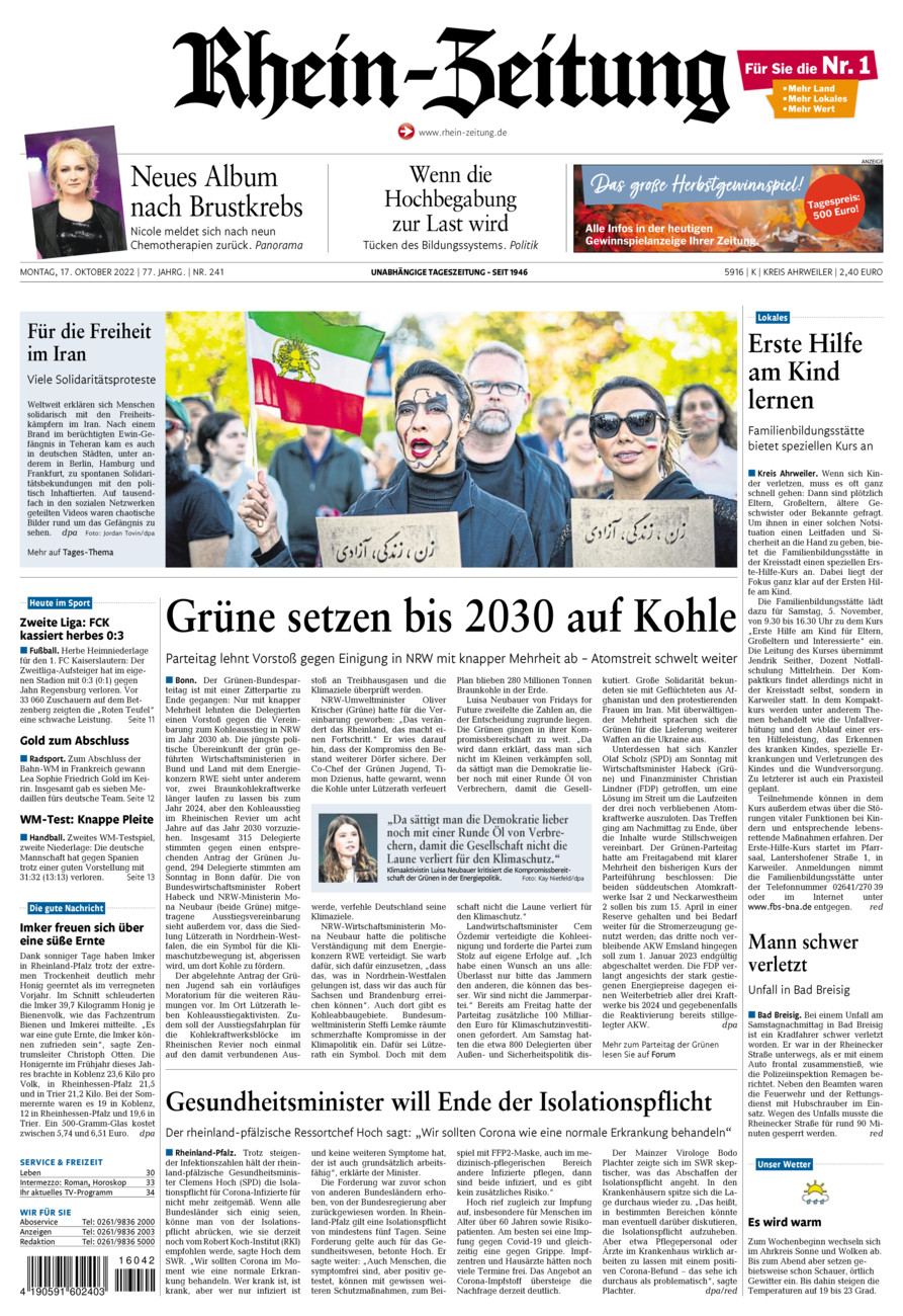 Rhein-Zeitung Kreis Ahrweiler vom Montag, 17.10.2022