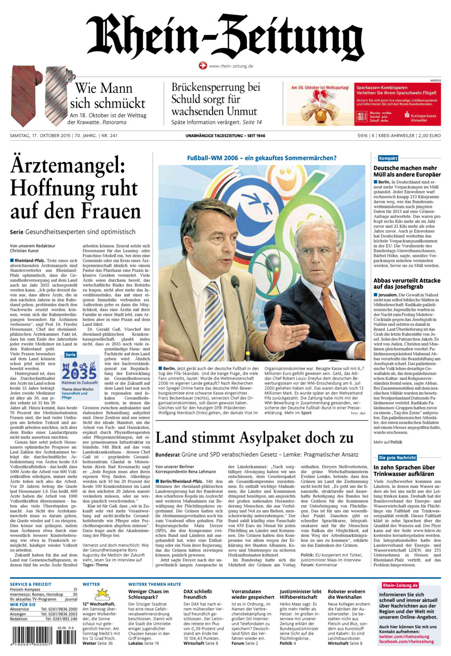 Rhein-Zeitung Kreis Ahrweiler vom Samstag, 17.10.2015