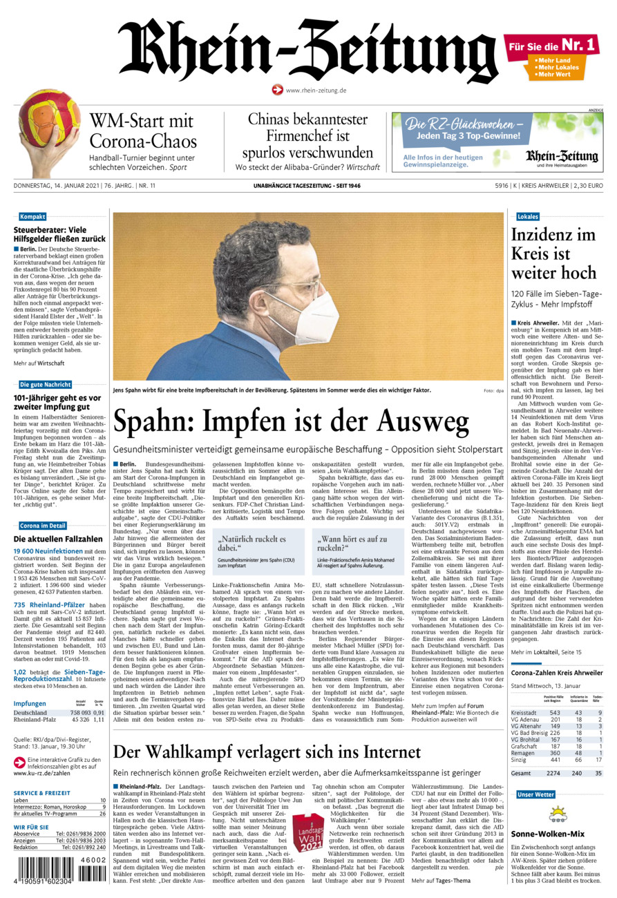 Rhein-Zeitung Kreis Ahrweiler vom Donnerstag, 14.01.2021