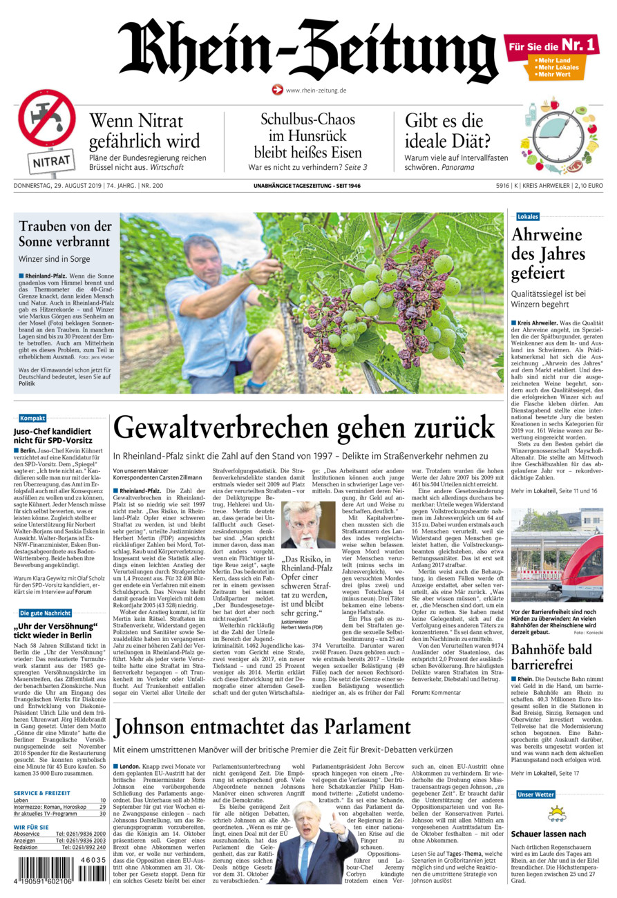 Rhein-Zeitung Kreis Ahrweiler vom Donnerstag, 29.08.2019