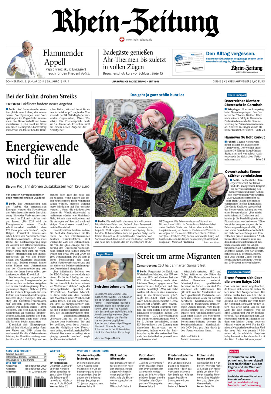 Rhein-Zeitung Kreis Ahrweiler vom Donnerstag, 02.01.2014