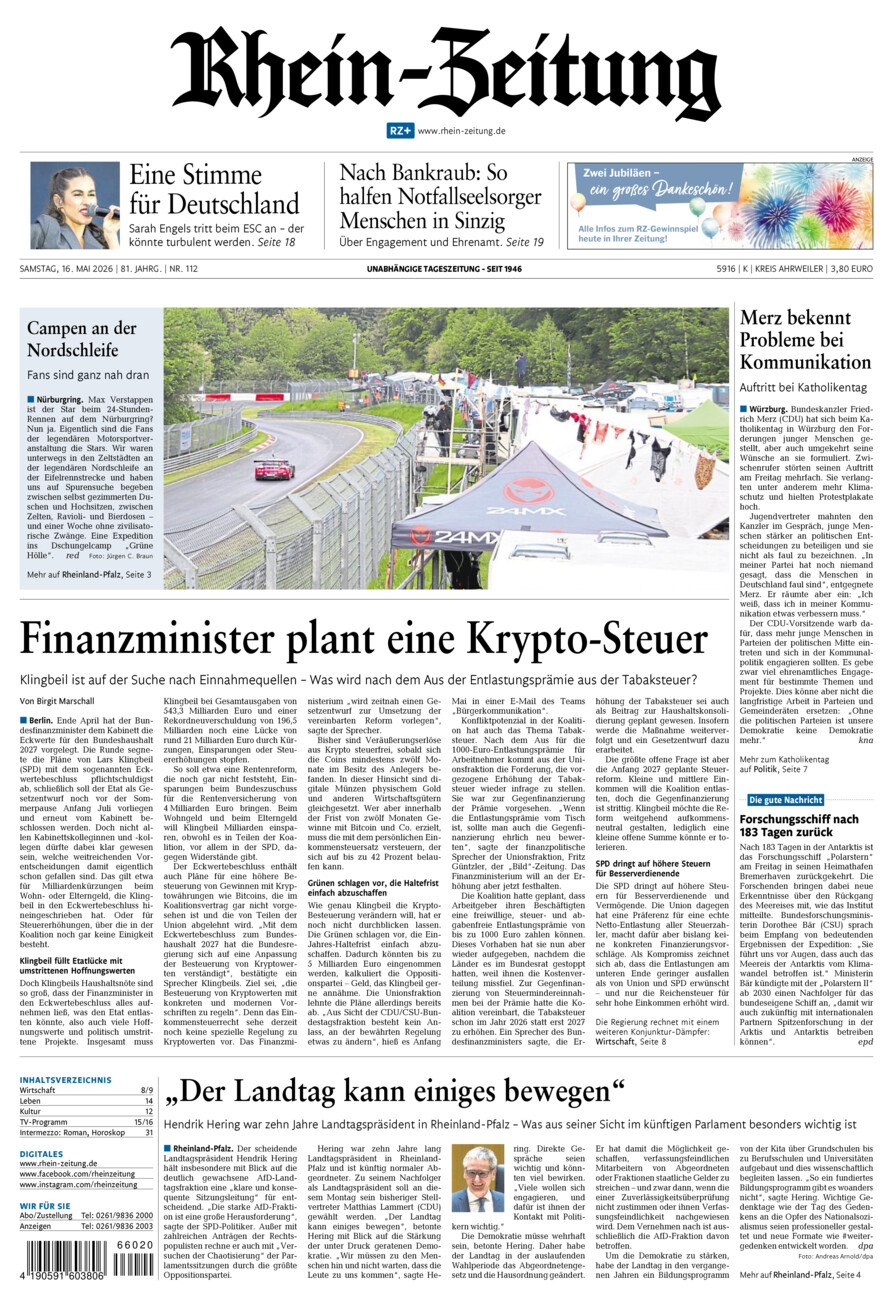 Rhein-Zeitung Kreis Ahrweiler vom Samstag, 16.05.2026