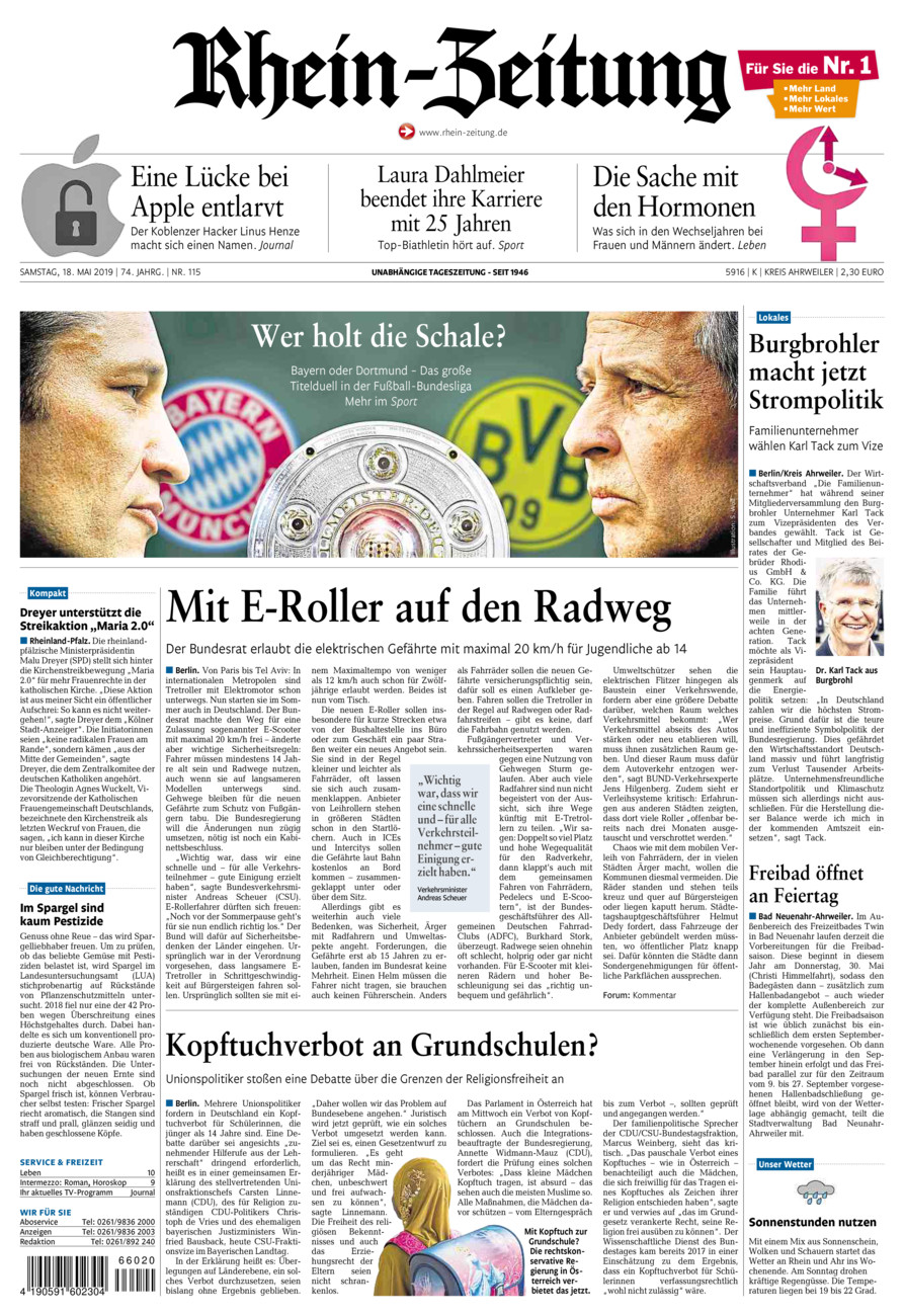 Rhein-Zeitung Kreis Ahrweiler vom Samstag, 18.05.2019