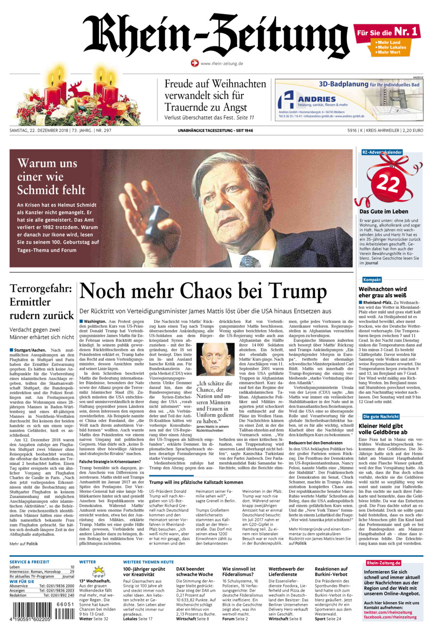 Rhein-Zeitung Kreis Ahrweiler vom Samstag, 22.12.2018