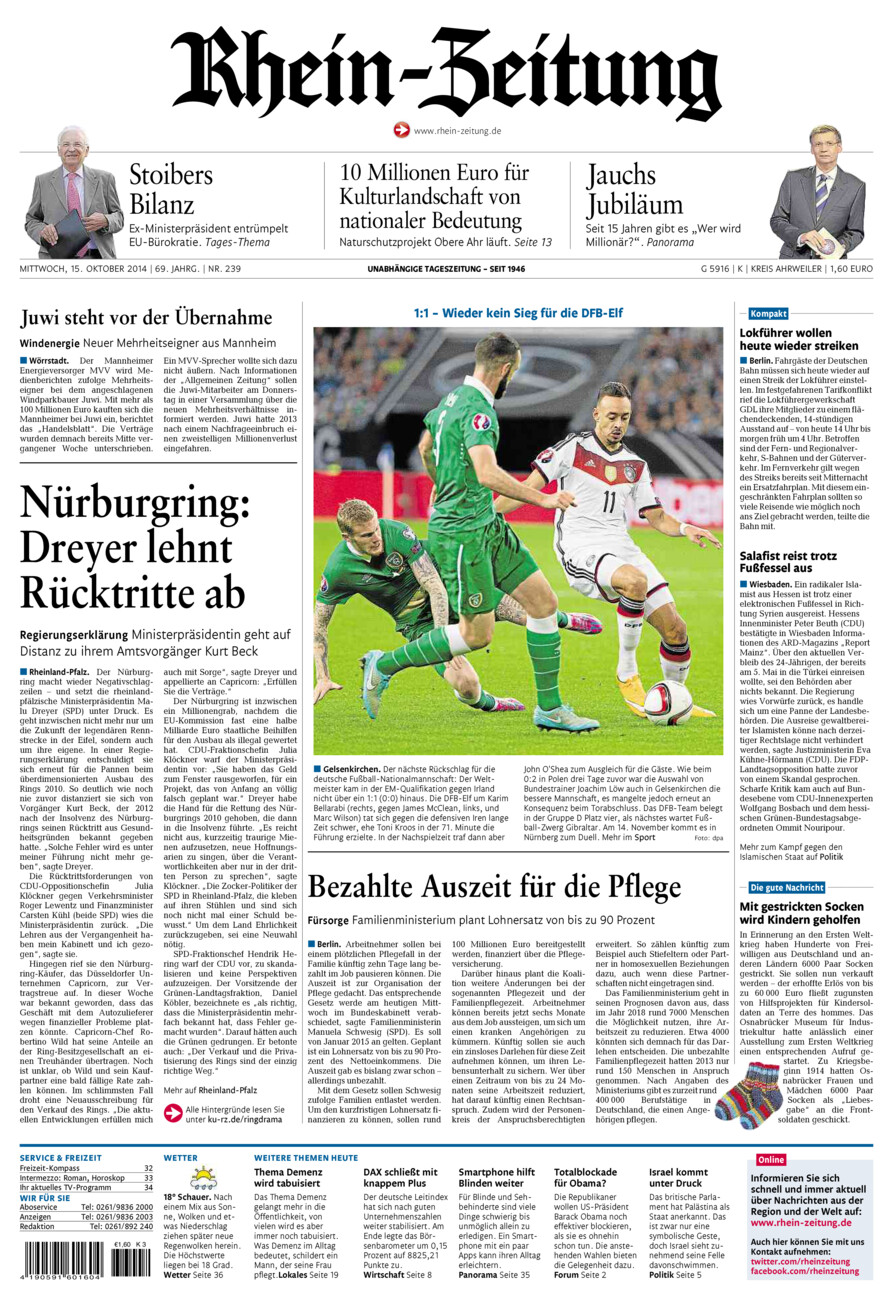 Rhein-Zeitung Kreis Ahrweiler vom Mittwoch, 15.10.2014