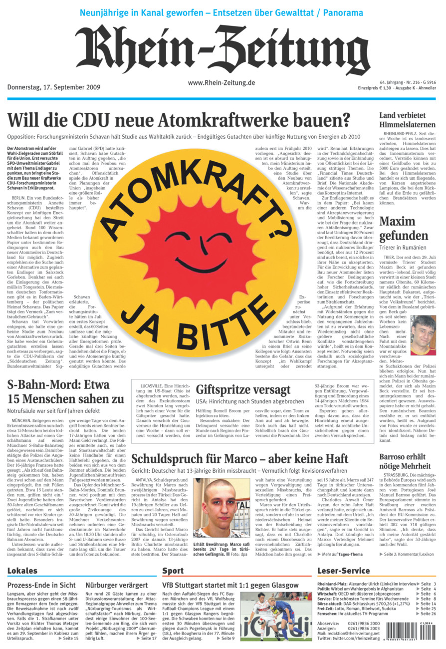 Rhein-Zeitung Kreis Ahrweiler vom Donnerstag, 17.09.2009
