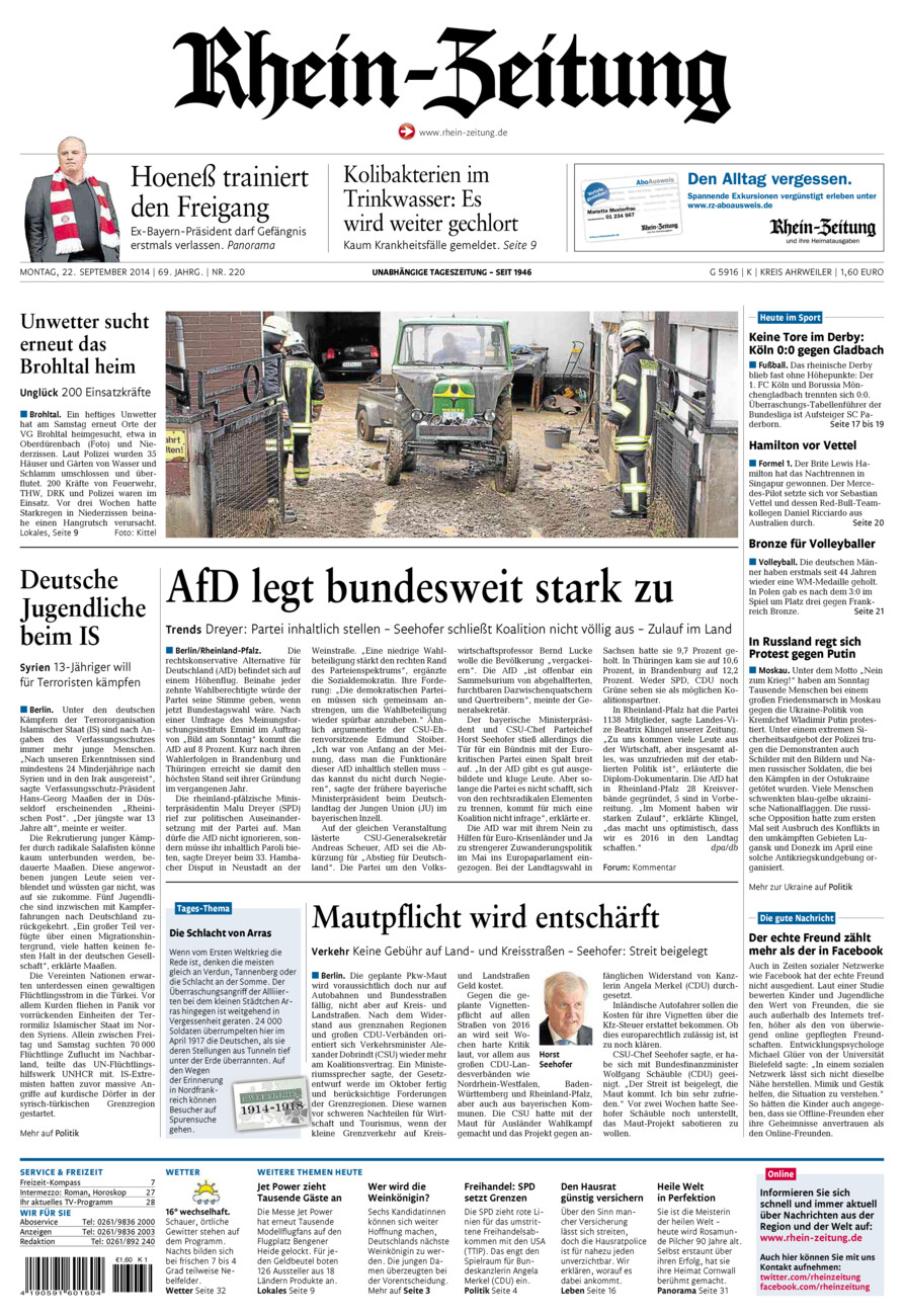 Rhein-Zeitung Kreis Ahrweiler vom Montag, 22.09.2014