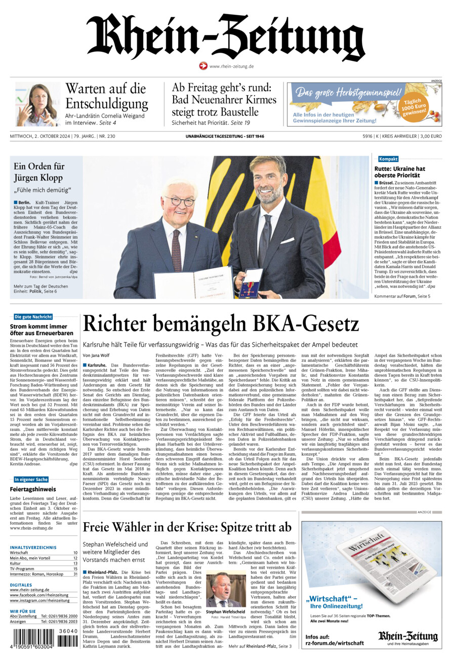 Rhein-Zeitung Kreis Ahrweiler vom Mittwoch, 02.10.2024