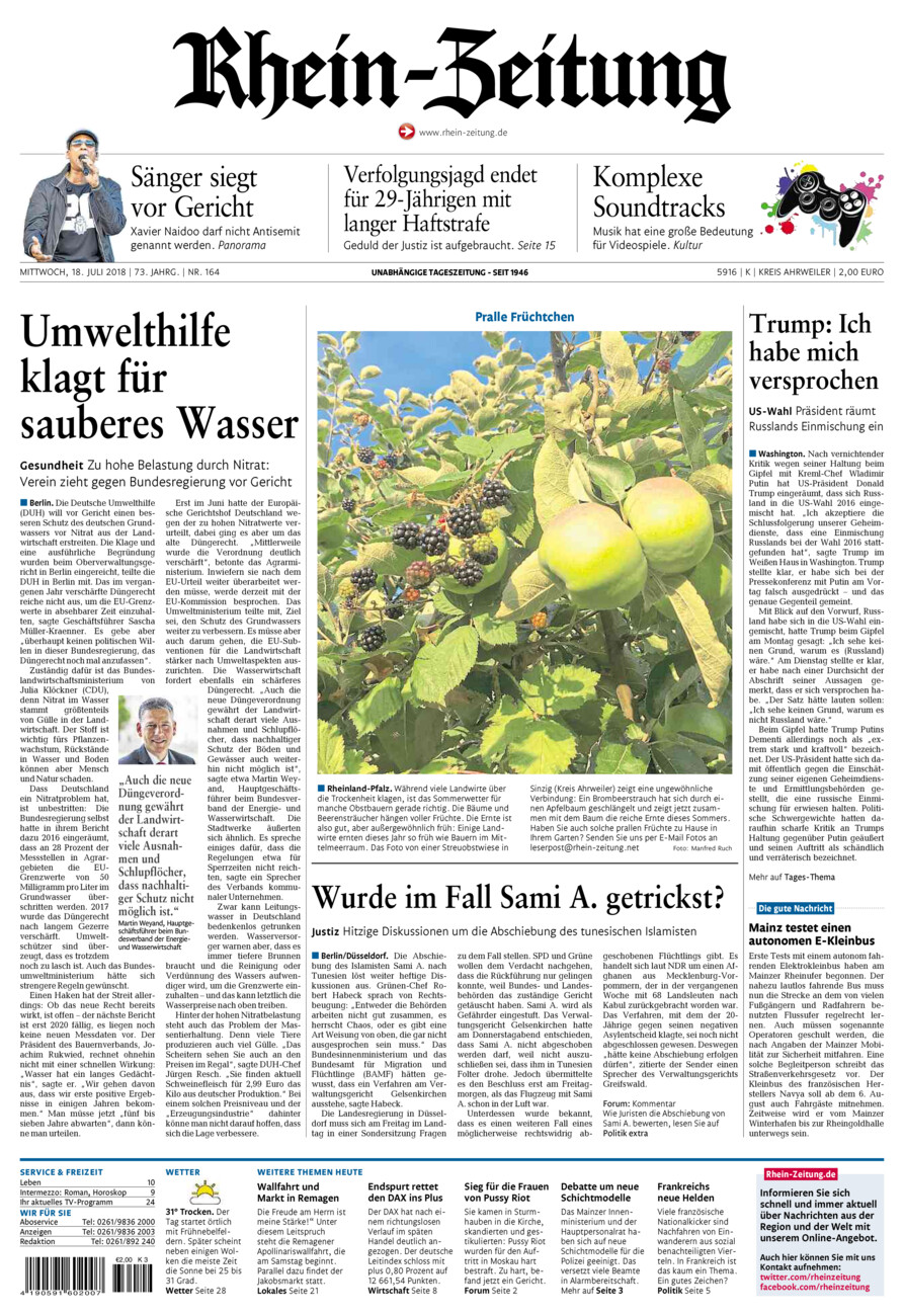 Rhein-Zeitung Kreis Ahrweiler vom Mittwoch, 18.07.2018
