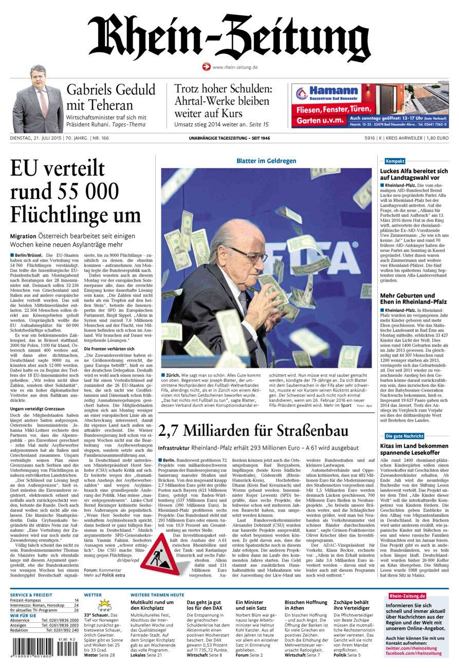 Rhein-Zeitung Kreis Ahrweiler vom Dienstag, 21.07.2015