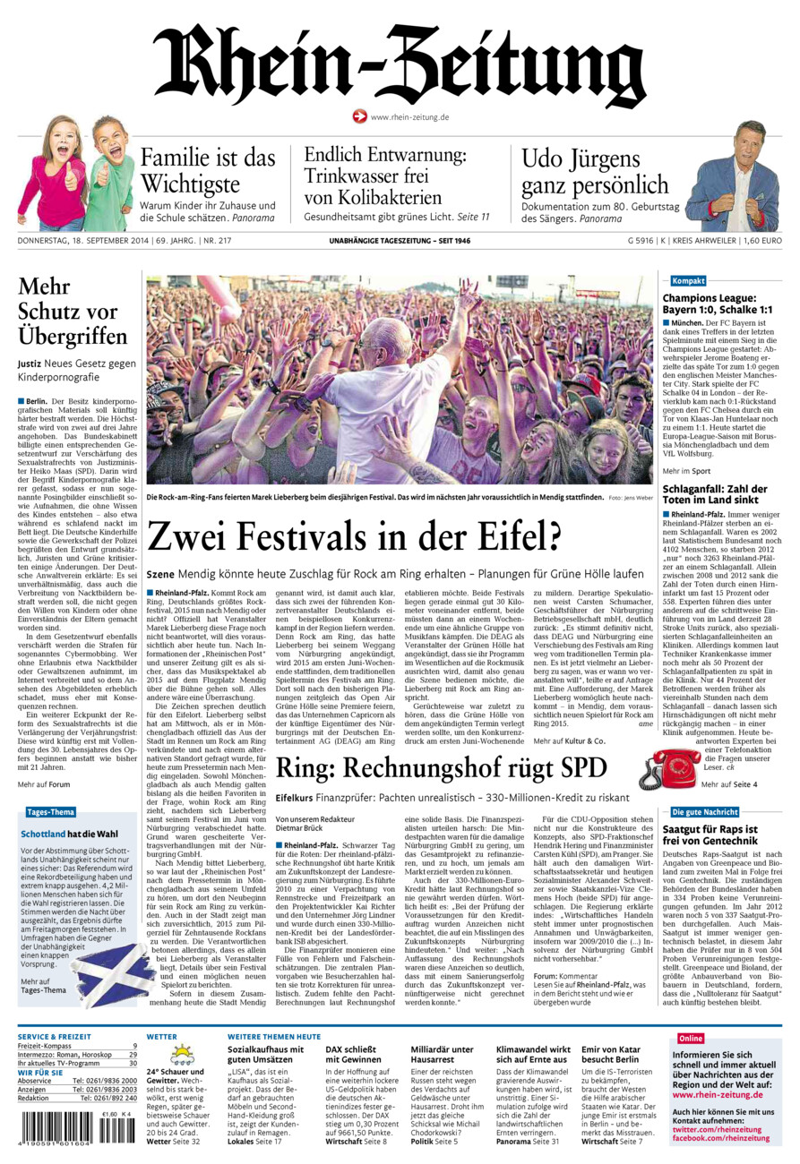 Rhein-Zeitung Kreis Ahrweiler vom Donnerstag, 18.09.2014