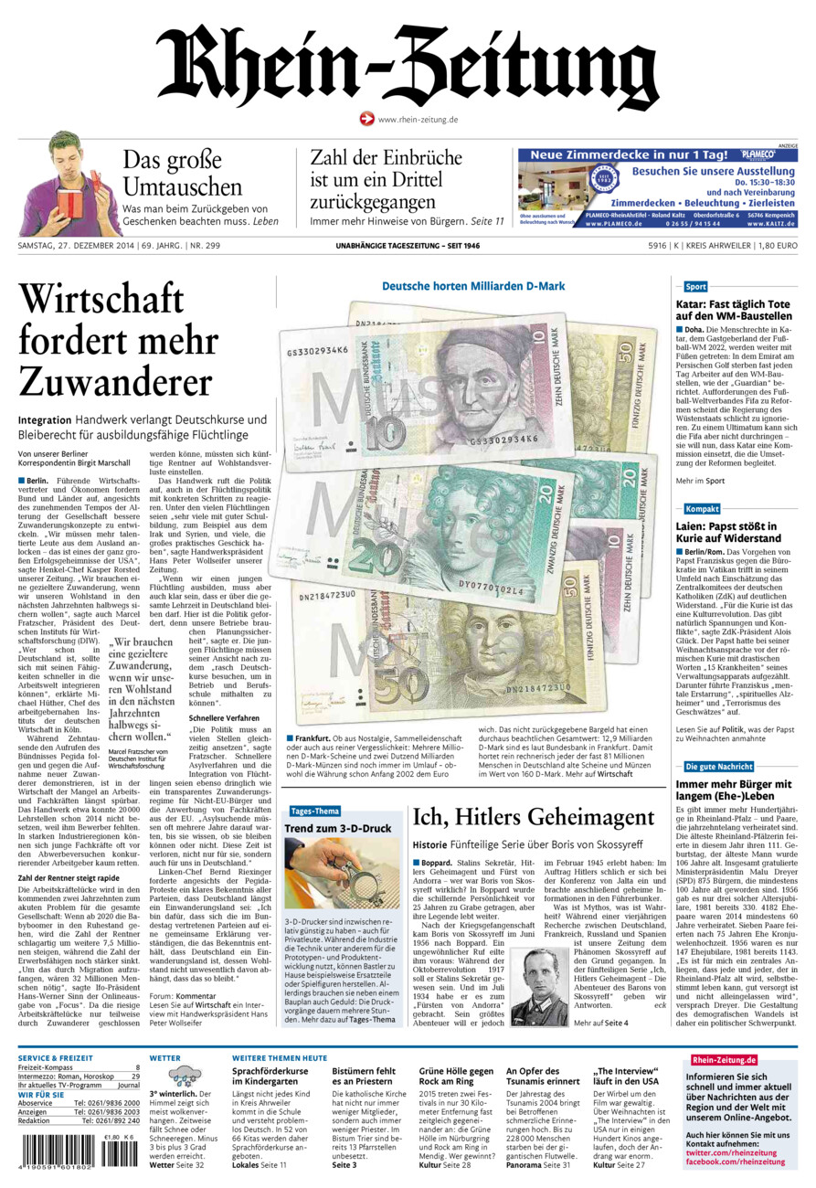 Rhein-Zeitung Kreis Ahrweiler vom Samstag, 27.12.2014
