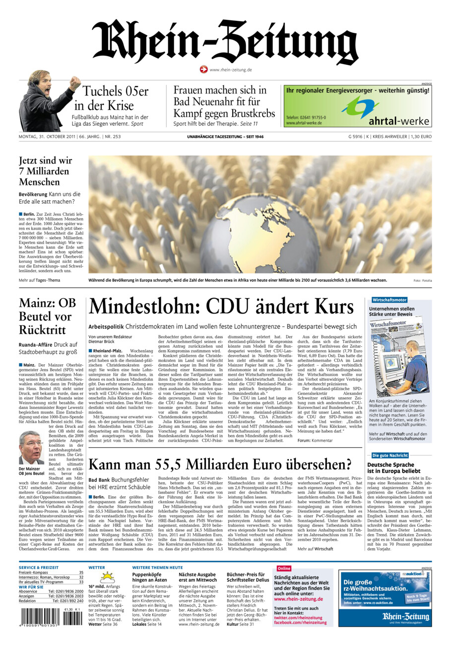 Rhein-Zeitung Kreis Ahrweiler vom Montag, 31.10.2011