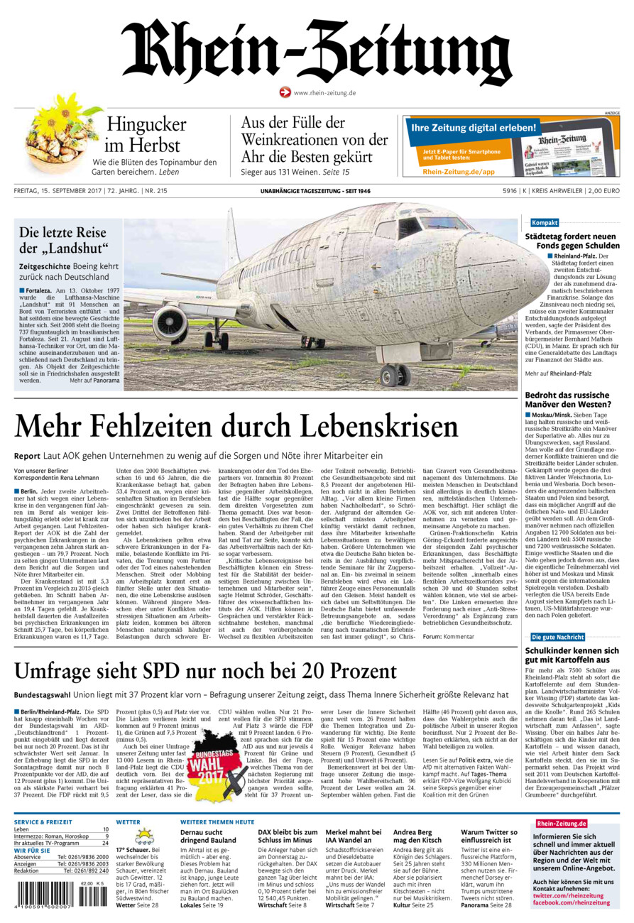 Rhein-Zeitung Kreis Ahrweiler vom Freitag, 15.09.2017