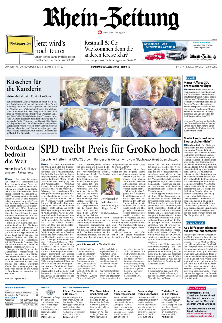 Rhein-Zeitung Kreis Ahrweiler vom Donnerstag, 30.11.2017