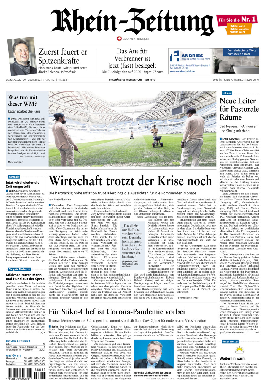 Rhein-Zeitung Kreis Ahrweiler vom Samstag, 29.10.2022