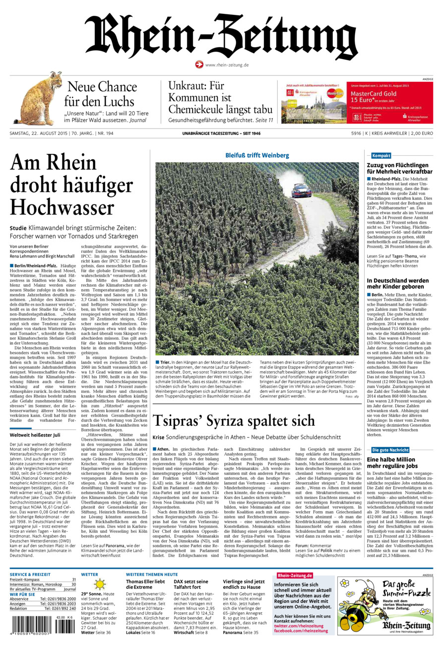 Rhein-Zeitung Kreis Ahrweiler vom Samstag, 22.08.2015