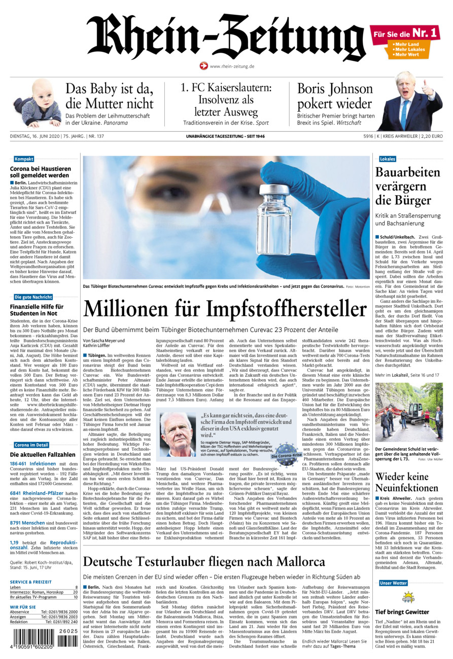 Rhein-Zeitung Kreis Ahrweiler vom Dienstag, 16.06.2020