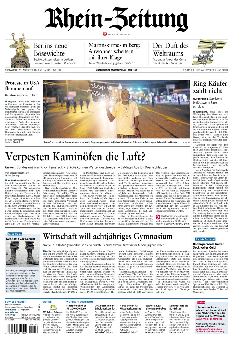 Rhein-Zeitung Kreis Ahrweiler vom Mittwoch, 20.08.2014